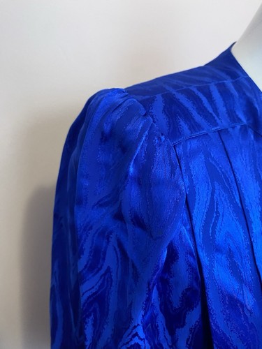 Argenti 100% Silk skirt Top Set 8P VTG Puff Sleeve 80s blue peplum Pleat Belted - Picture 7 of 9