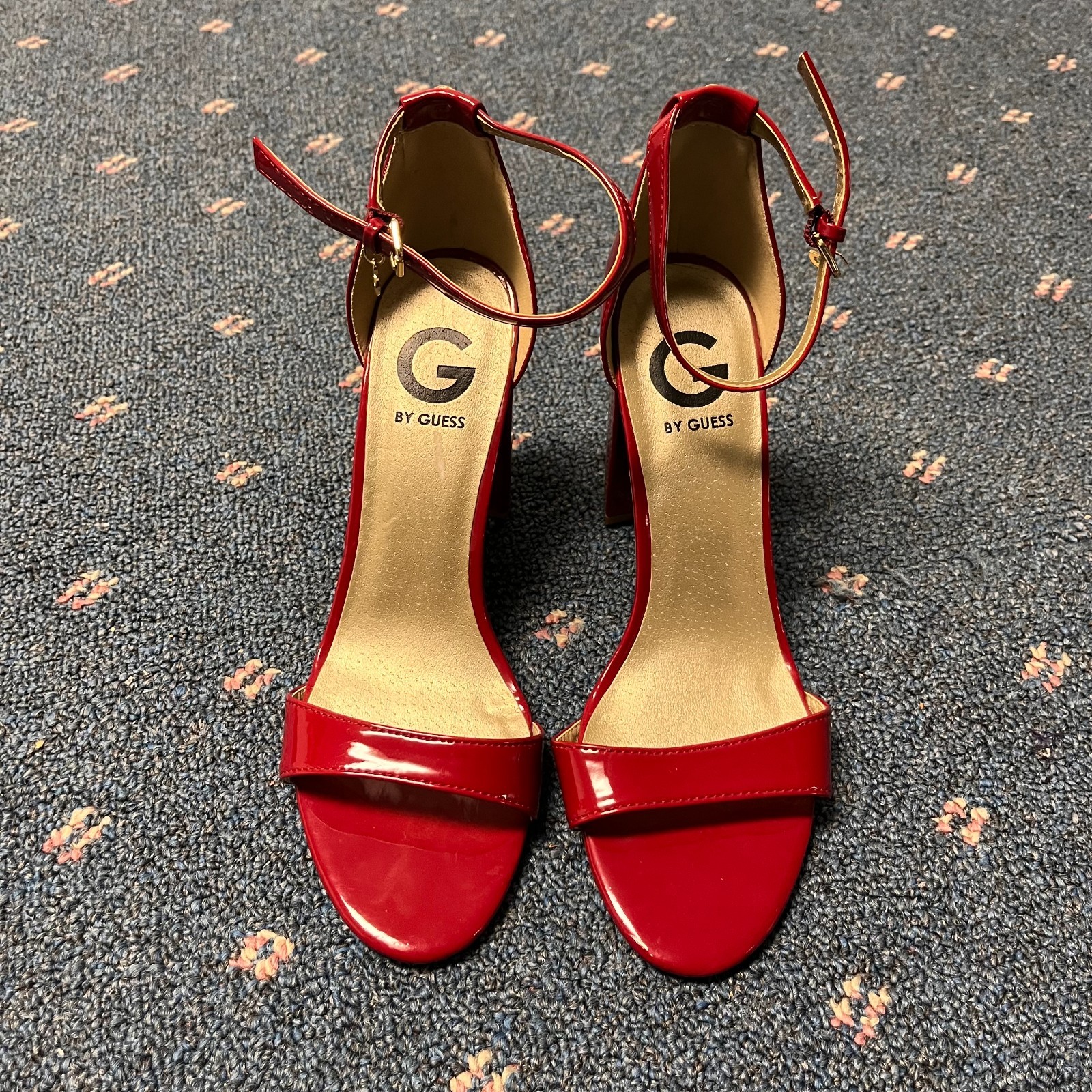 G By Guess Womens Sz 7.5M Chunky Heel Pumps Open Toe Ankle Strap Shoes Sexy Red