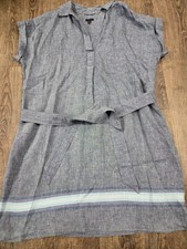 Talbots NEW 100% Belted Blue Linen Popover Shirtdress Placed Stripe Cap SleeveXL