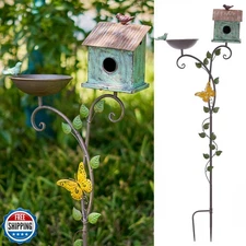 SMQLJXC Bird Baths and BirdHouses with Pole, Distressed Metal Bird Bath Bowl 