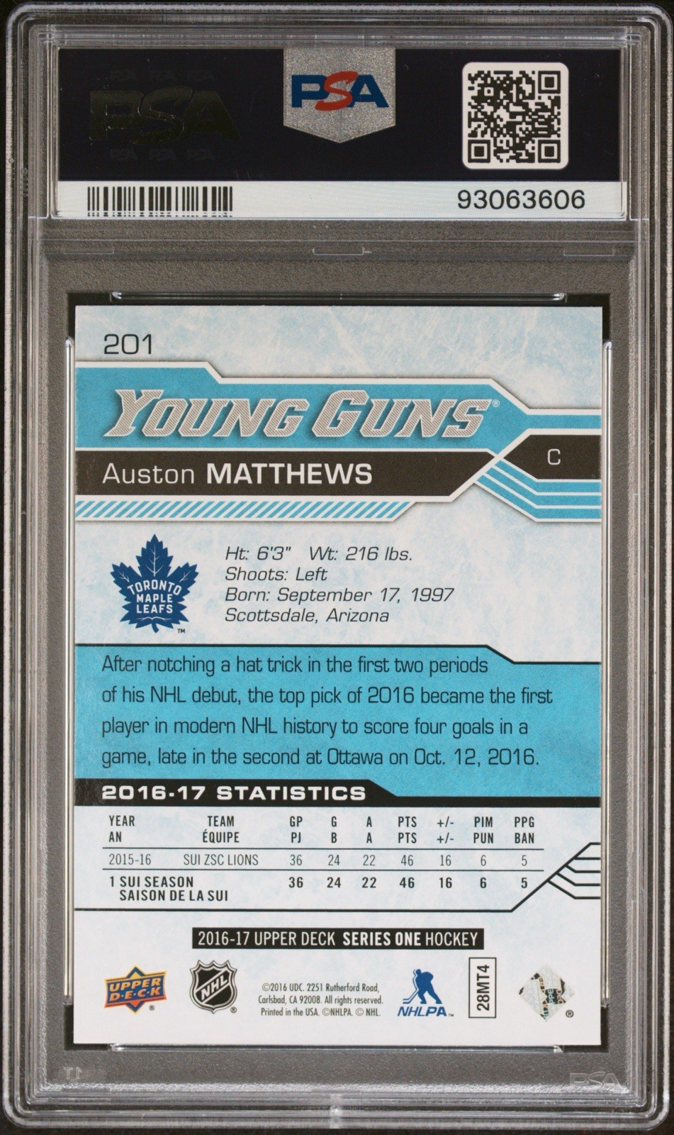 2016 Upper Deck Young Guns Auston Matthews RC #201 Toronto Maple Leafs view 2