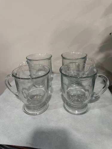 4 VTG ANCHOR HOCKING CLEAR GLASS FOOTED CAFE COFFEE MUGS CUPS