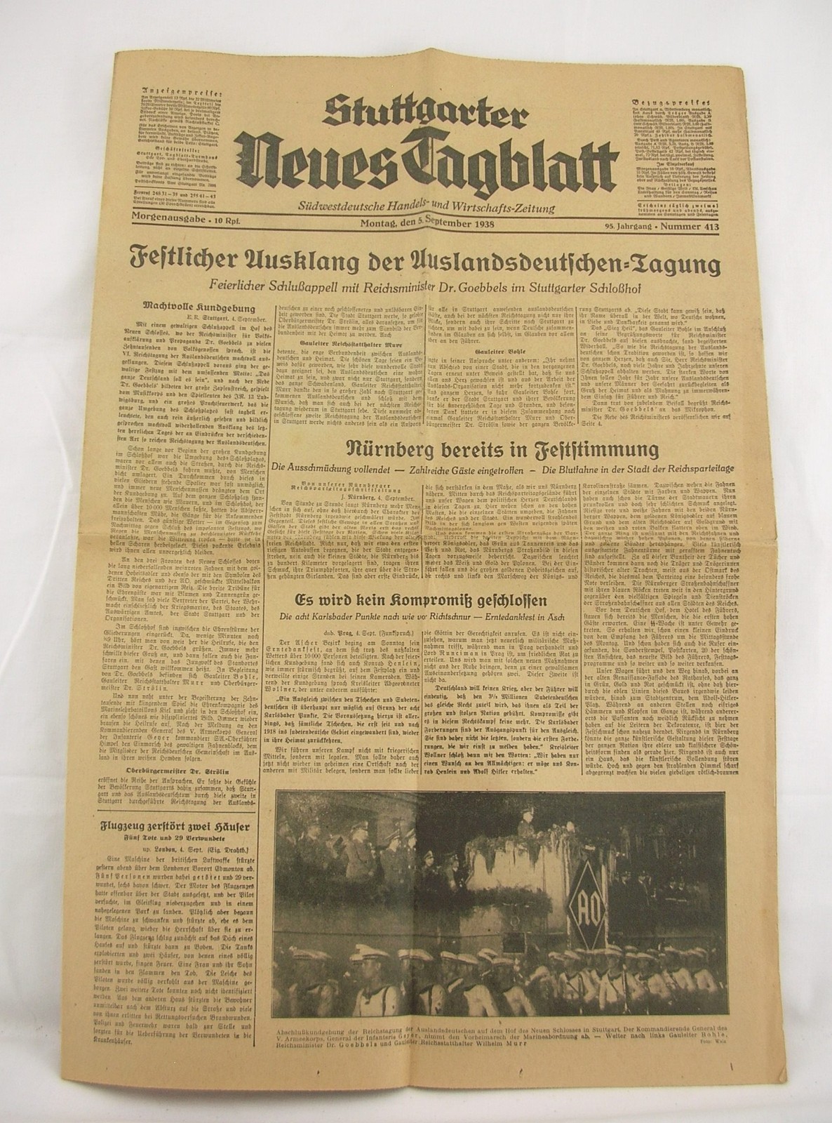 GIORNALE TEDESCO Stuttgarter Neues Tagblatt Joseph Goebbels a Stoccarda 5/9/1938