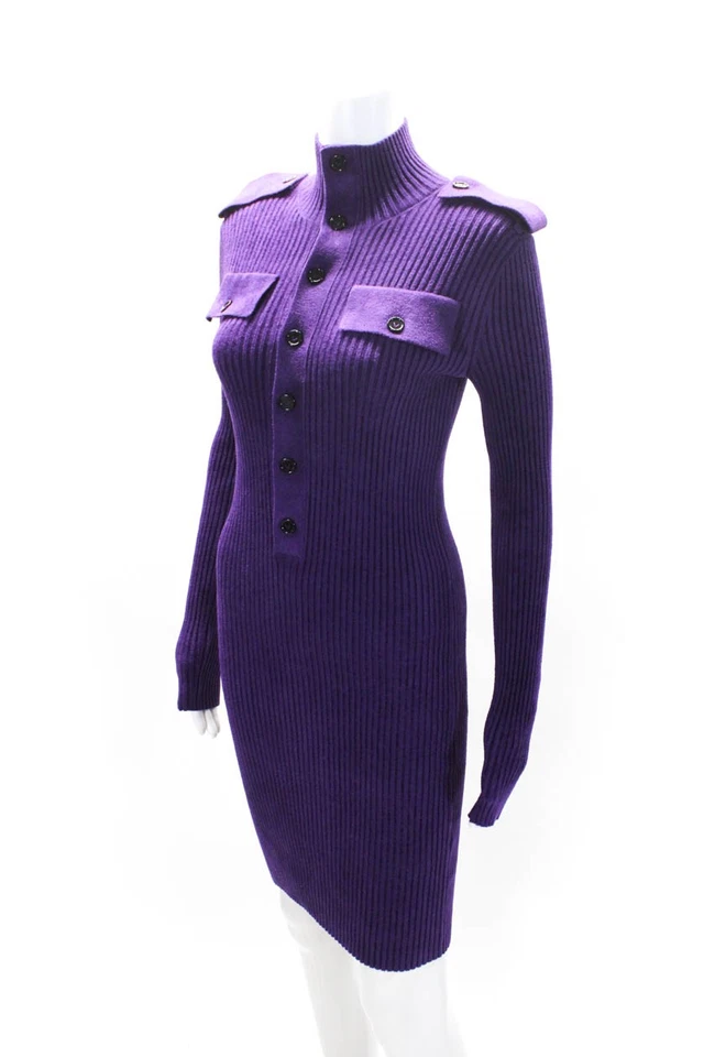 Vestido suéter tejido acanalado manga larga Bottega Veneta púrpura talla XS para mujer Foto 2 de 4