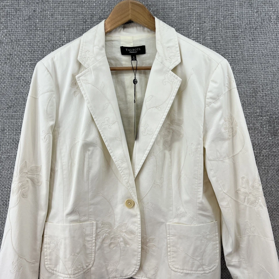 Blazer Talbots Mujer Talla 16 100% Algodón Bordado Forrado Bolsillos Marfil Boho Foto 3 de 4