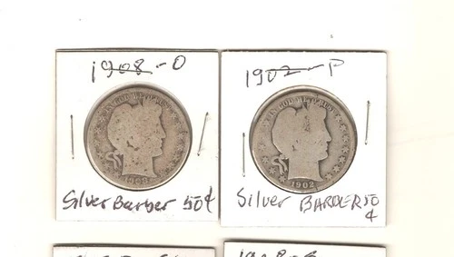 Rare Estate Sale Lot Of 2 Barber 50 CENTS US Silver Coins 1902-P & 1908-O SILVER