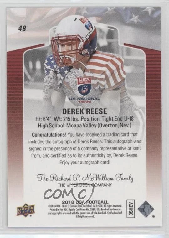 2018 Upper Deck USA Football Auto Derek Reese #48 Auto - Image 2 of 2