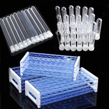 50pc Plastic Test Tubes Vials w/ Caps Testing Tube Rack Holder Stand 40/50 Holes
