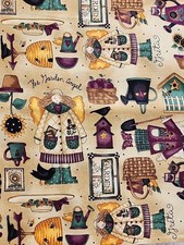 Mumms The Word Debbie Mum Vintage Garden Angel Cotton Fabric 1/2 Yd X 42 Inches