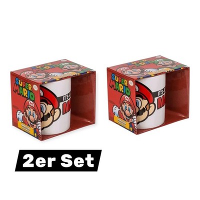 2x Super Mario Tasse 325ml   Keramik Comic Cartoon Weiß Rot Kaffeetasse Geschenk
