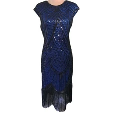 Fundaisy Flapper Gatsby Dress Womens Large Blue Black Fringe Sequin 20s Midi