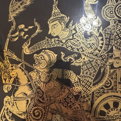 Vintage Thai Painting Black Silk Prince Ramakien Mythology Framed 14 X 14.5 Inch - Picture 2 of 17