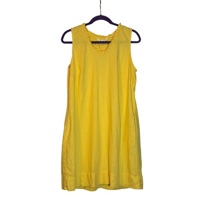 #ad Briggs Yellow Linen Rayon Sleeveless Shift Dress Ruffle Neck Pockets L $20.00