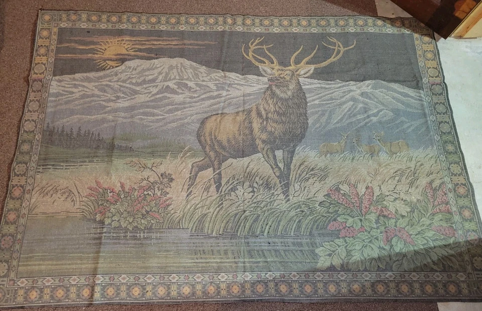 Vintage Deer Mountain Riv Velvet Tapestry Rug Wall Picture 70"x49"Well Preserved - Image 2 of 2