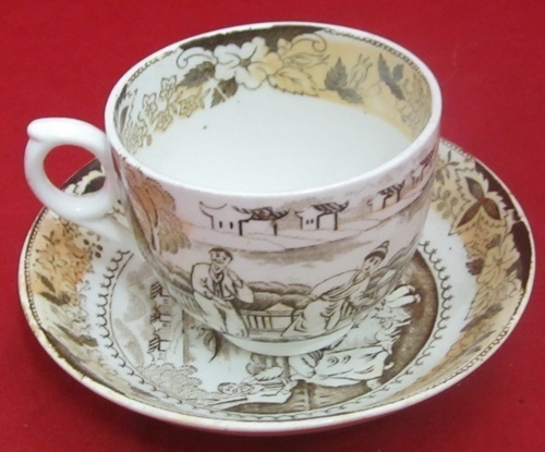 Vintage CHINESE Ceramic CUP SAUCER Transferware Hand Tinted Floral Design Period - Picture 1 of 1