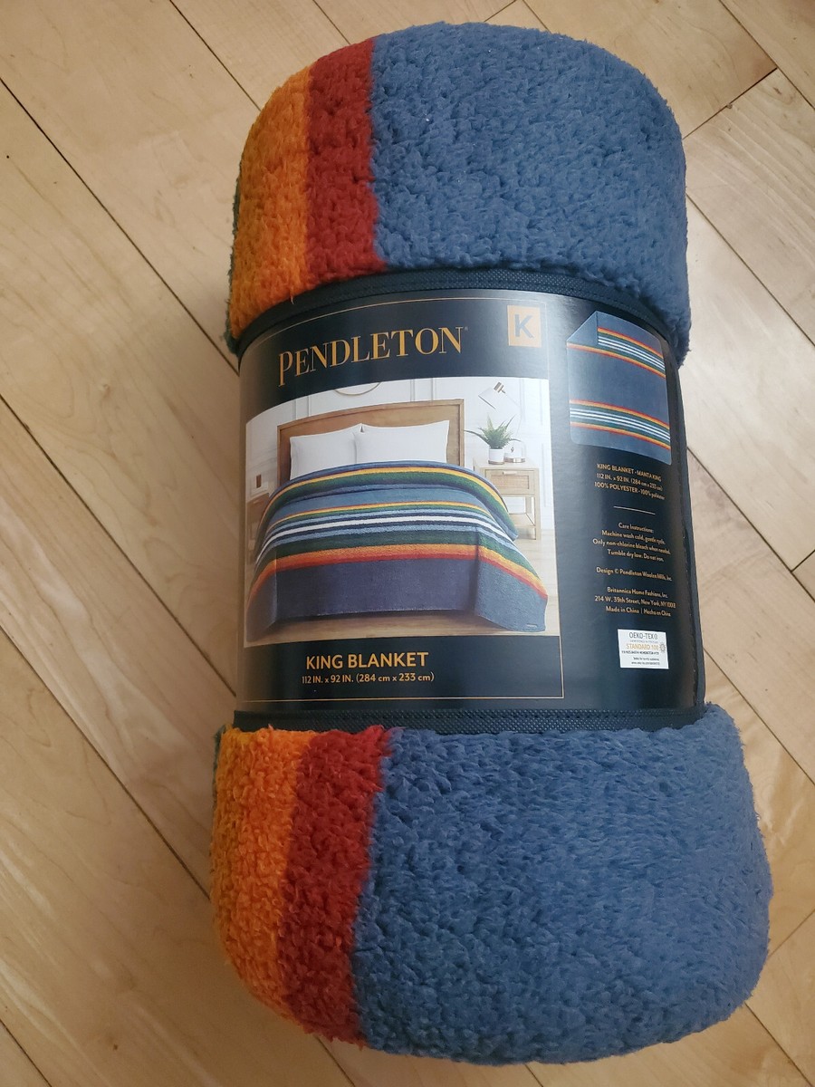 PENDLETON Serape Stripe Blue Sherpa Fleece 112x92 Bed