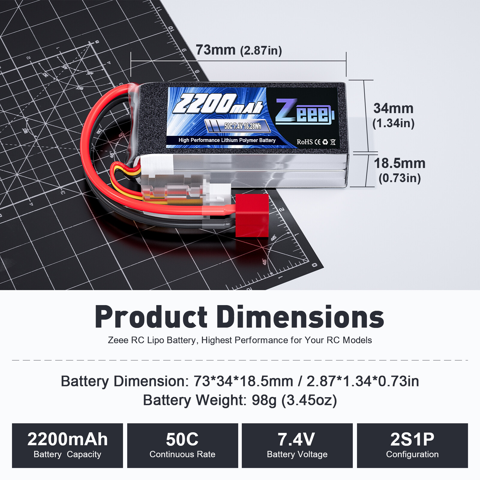 2 Batteries LiPo ZEEE 2S 7.4V 2200mAh 50C - Courtes, Connecteur T Male - Pour Voiture, Bateau, Drone RC