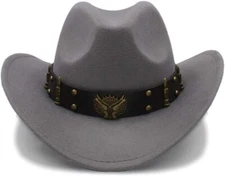 Gray Western Cowboy Cowgirl Hat, Revolver Gun Bullet Strap, Men Women Wide Brim