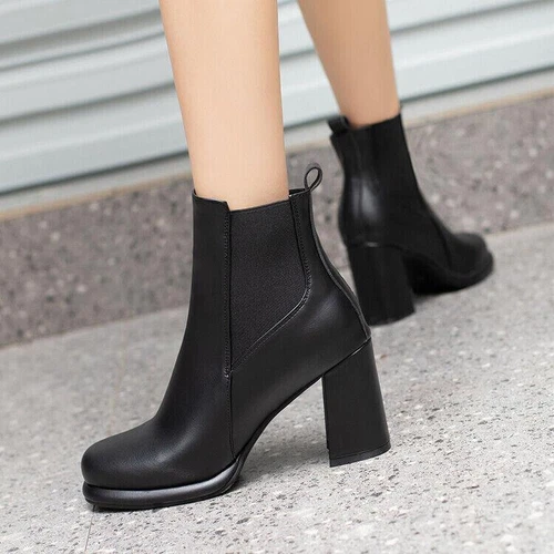 Damen Stiefeletten Mittel Blockabsatz Seitlicher Reißverschluss Chelsea Boots Schuhe - Bild 9 von 28