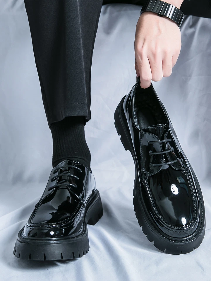 Men's Green Chunky Leather Platform Lace Up Round Toe Loafers Shoes Plus Size - Image 3 of 4