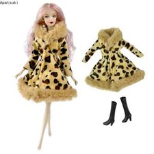Set vestiti cappotto lungo pelliccia leopardata marrone per bambola 11,5" cappotto stivali neri abiti