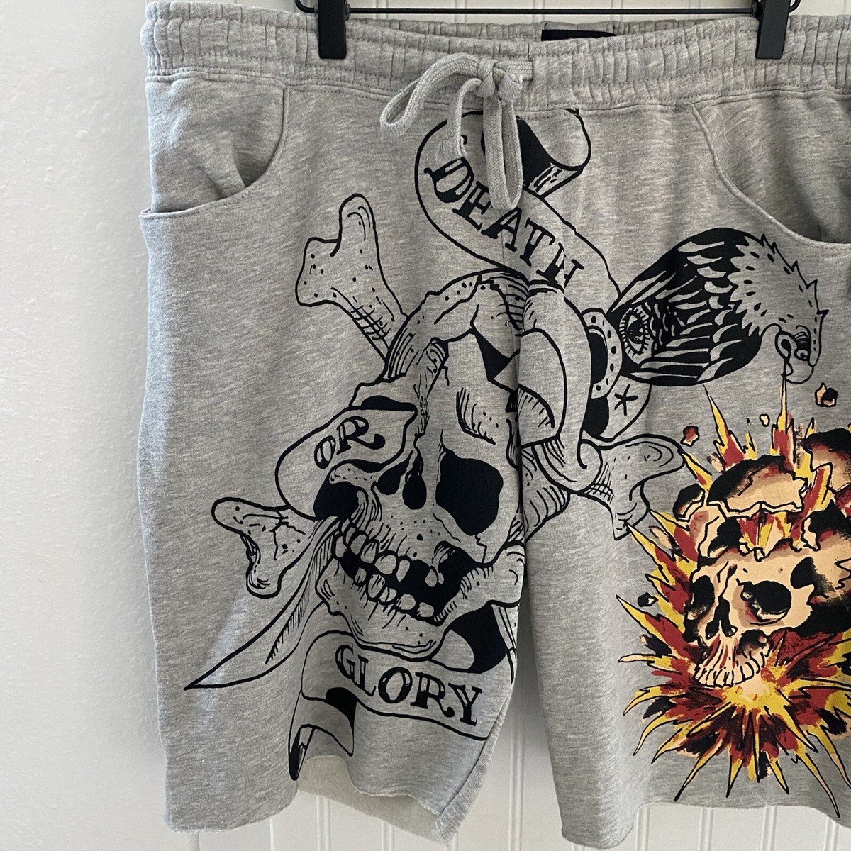 ED Hardy Sweat Shorts DEATH OR GLORY Skulls Tattoo Graphic