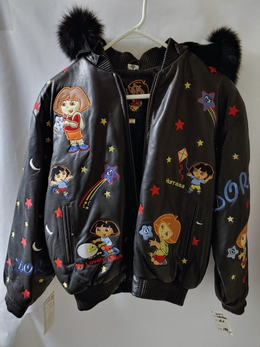 VTG DORA THE EXPLORER KIDS EMBROIDERED BLACK LEATHER JACKET VTG DORA THE EXPLORER KIDS EMBROIDERED BLACK LEATHER JACKET