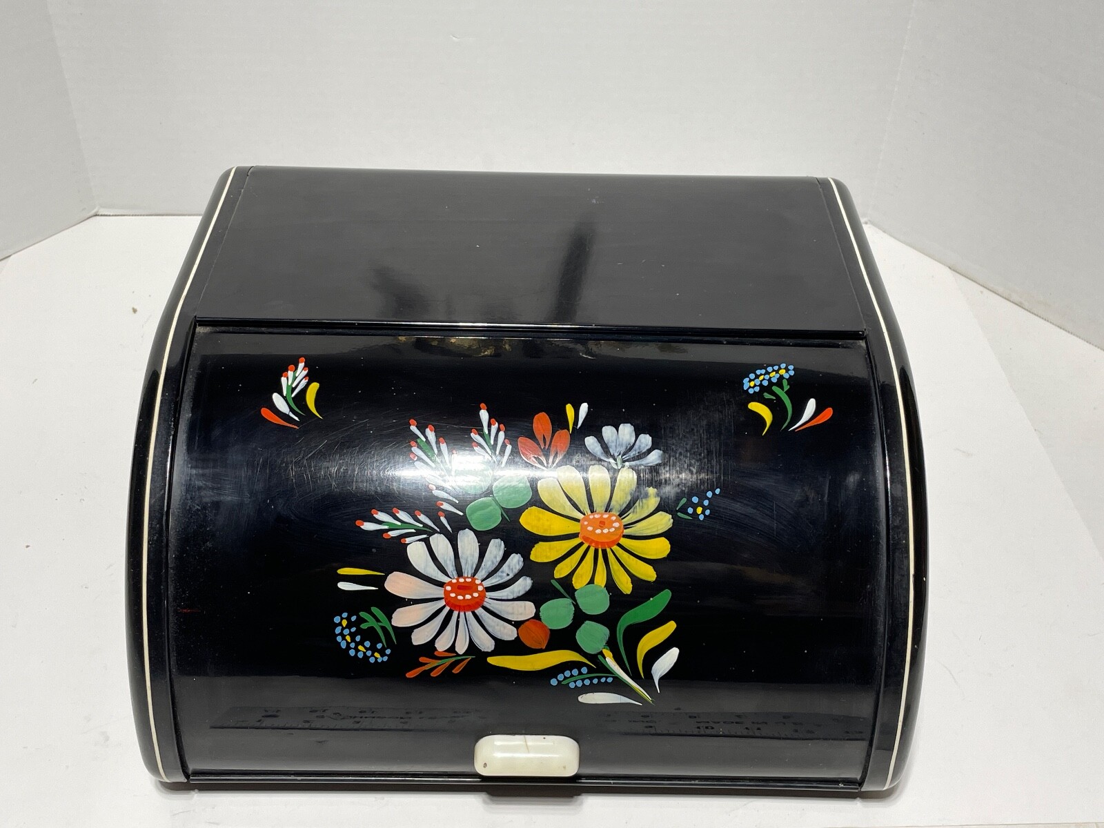 VINTAGE ORIGINAL RANSBURG BLACK METAL ROLL TOP BREAD BOX W/ FLOWERS eBay
