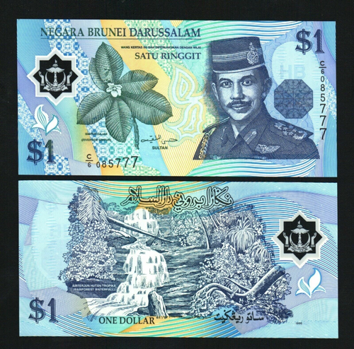 Brunei 1 RINGGIT P-22 1996 1st Date POLYMER UNC WATERFALL Bruneian Currency NOTE - Picture 3 of 4