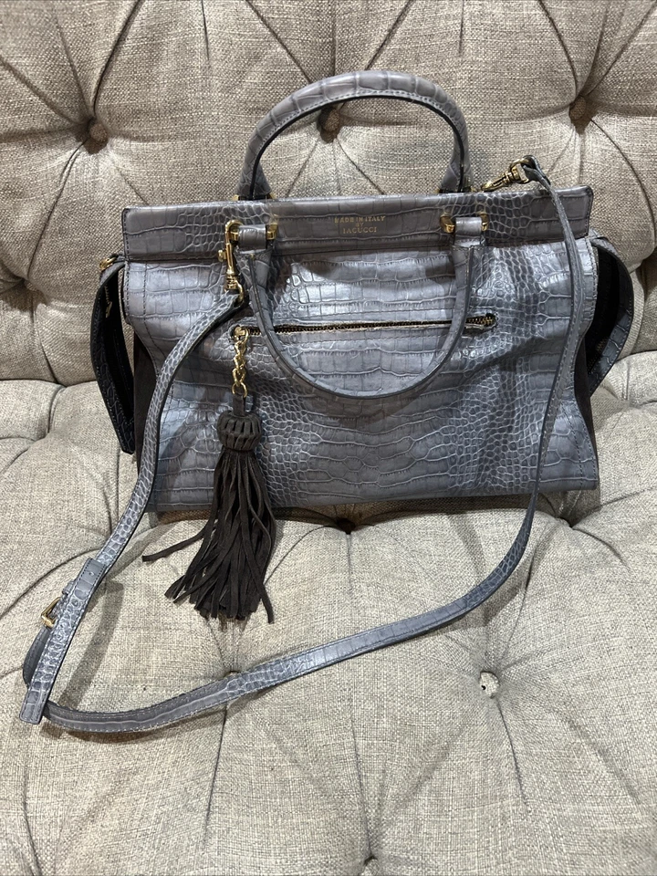 Bolso de Mano Elegante Iacucci Gris Cocodrilo Cuero Repujado Hecho en Italia Borla Grande Foto 2 de 4