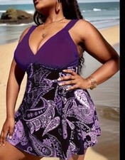 Plus 20 2x Purple Paisley Tropical Tankini Modest Swim wear Bathing Suit Shorts