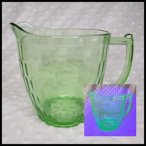 Vintage Jeannette  Green Uranium Depression Glass Hex Optic Pattern Pitcher