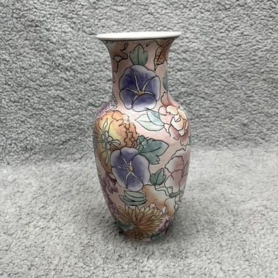 Chinese Hand Painted Porcelain Vase 10  Tall Pastel Garden Floral Asian
