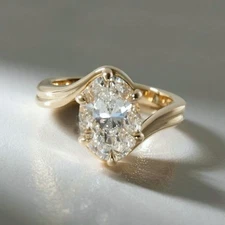 Lab Grown Oval Cut Diamond Ring 14K Yellow Gold Bypass Solitaire Engagement Ring