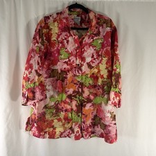 Chico's Linen Jacket Women's 3 XL Red Pink Floral Button Up Collared 3/4 Sleeve