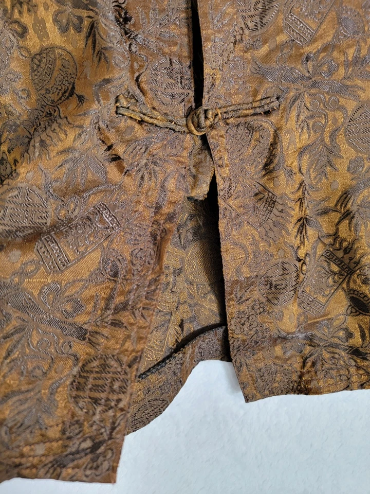 Impresionante túnica kimono de seda con estampado oriental marrón XL vintage para mujer Foto 4 de 4