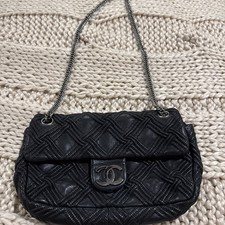 AUTH Chanel Walk Of Fame Black Stitch Lambskin Silver Hardware Chain Shoulder