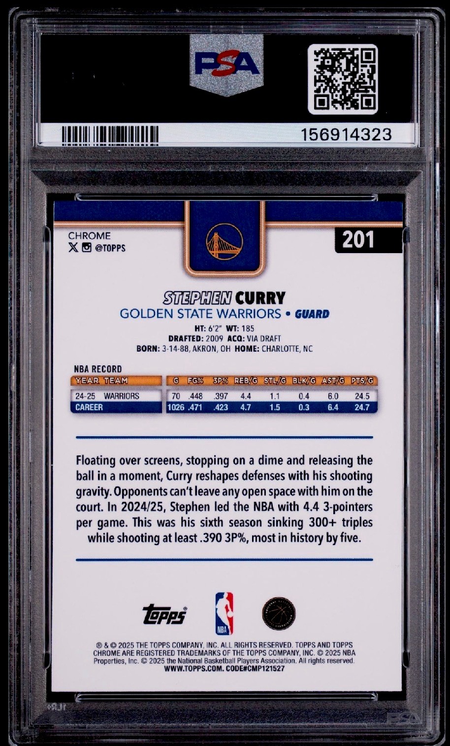 2025-26 Topps Chrome - Stephen Curry #201 Blue Basketball Refractor /150 PSA 10 view 2