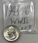 1943 Washington Silver Quarter (AU+) About Uncirculated+! WW-II Era! ENN