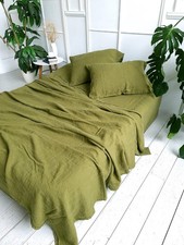 Olive Green Linen Flat Sheet, Washed Luxury Linen Bedsheet for Living Room Decor