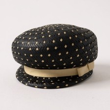 Vintage Union Made Navy  White Straw Hat With Ribbon Accent 7.5-Inch Diameter C