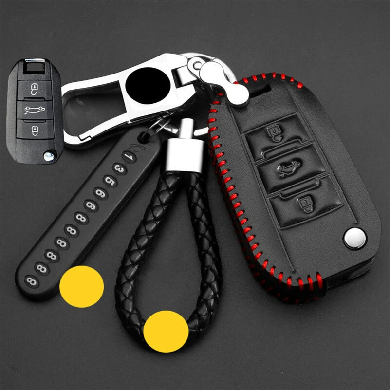 Cubierta de llave inteligente de cuero genuino negra para Peugeot 308 508 3008 Foto 3 de 4