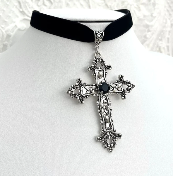 Halskette Samt Choker Kreuz Christentum AnhäNger Gothic Edelstahl Silber-image
