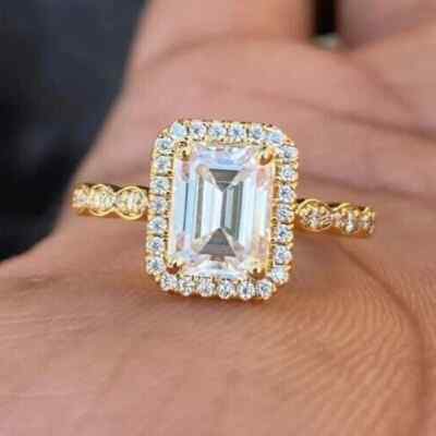 2.60 CTW Emerald Cut D/VVS1 Moissanite Halo Wedding Ring14K Yellow Gold Plated