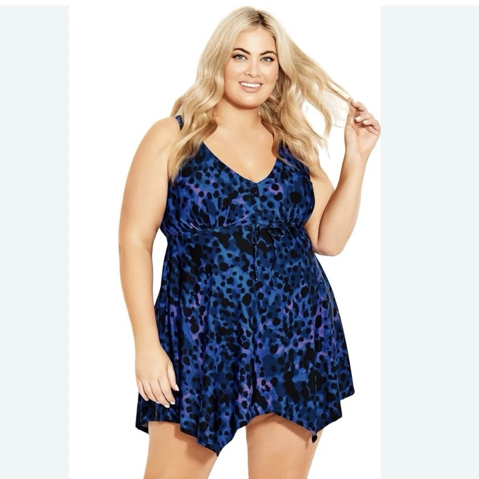 Traje de baño Avenue para mujer 22 azul estampado animal vestido dobladillo mordida de tiburón elástico nuevo con etiquetas Foto 2 de 4