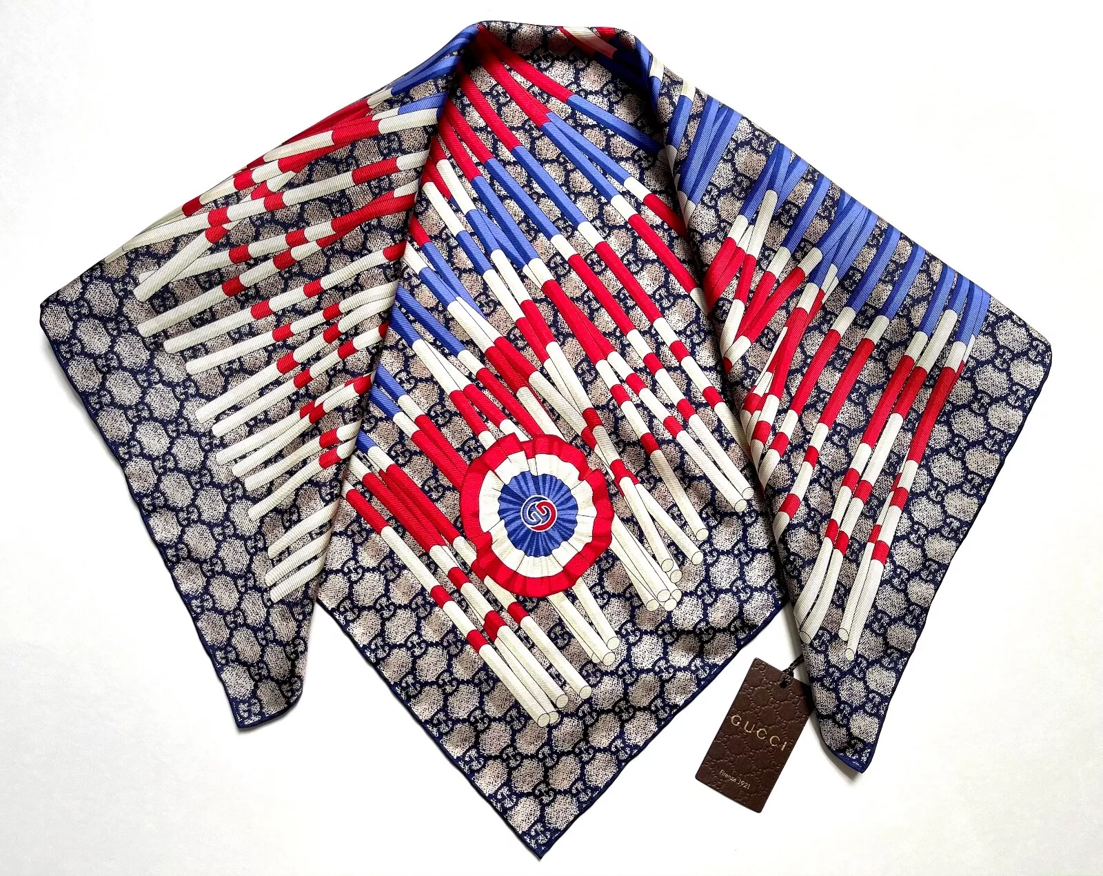 Écharpe unisexe Gucci soie wrap logo GG club bleu rouge blanc WEB unisexe en sergé