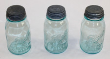 3 Light Aqua Blue Ball Perfect Mason Jar 7" Tall Zinc Lid 1910-1923 mold 5,7,8