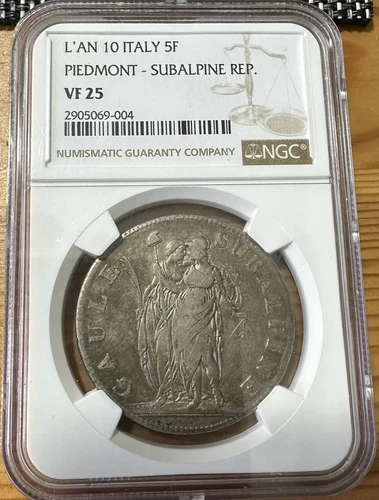 L’AN 10 ITALY PIEDMONT SUBALPINE REP 5 FRANCS NGC VF25
