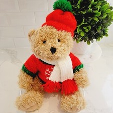 VINTAGE AGC Inc Soft Brown Teddy Bear Wearing Christmas Hat Scarf Sweater