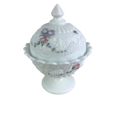Vintage Westmoreland Painted Milk Glass Pressed Grapes Compote Covered Dish